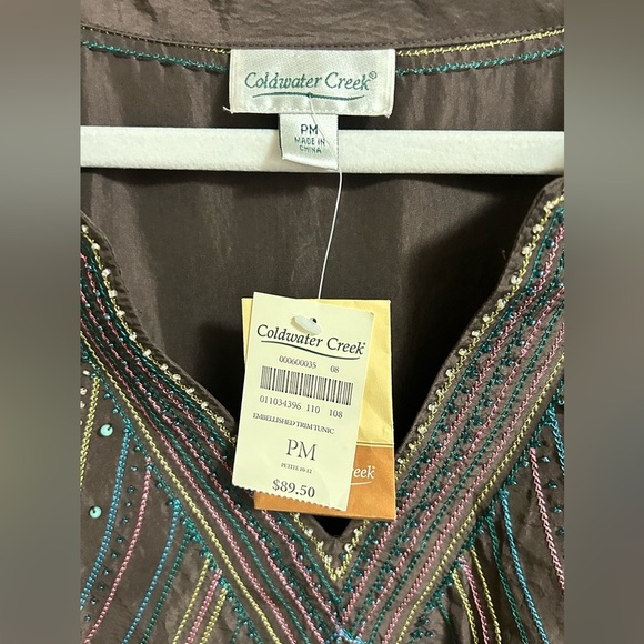Coldwater Creek Brown 100% Silk Embellished Beaded Trim Tunic Top Size MP - Picture 2 of 7